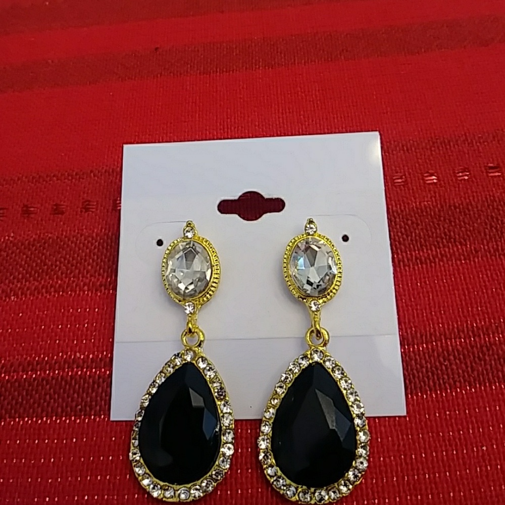 Gold Earrings with Black, and Clear, Stones